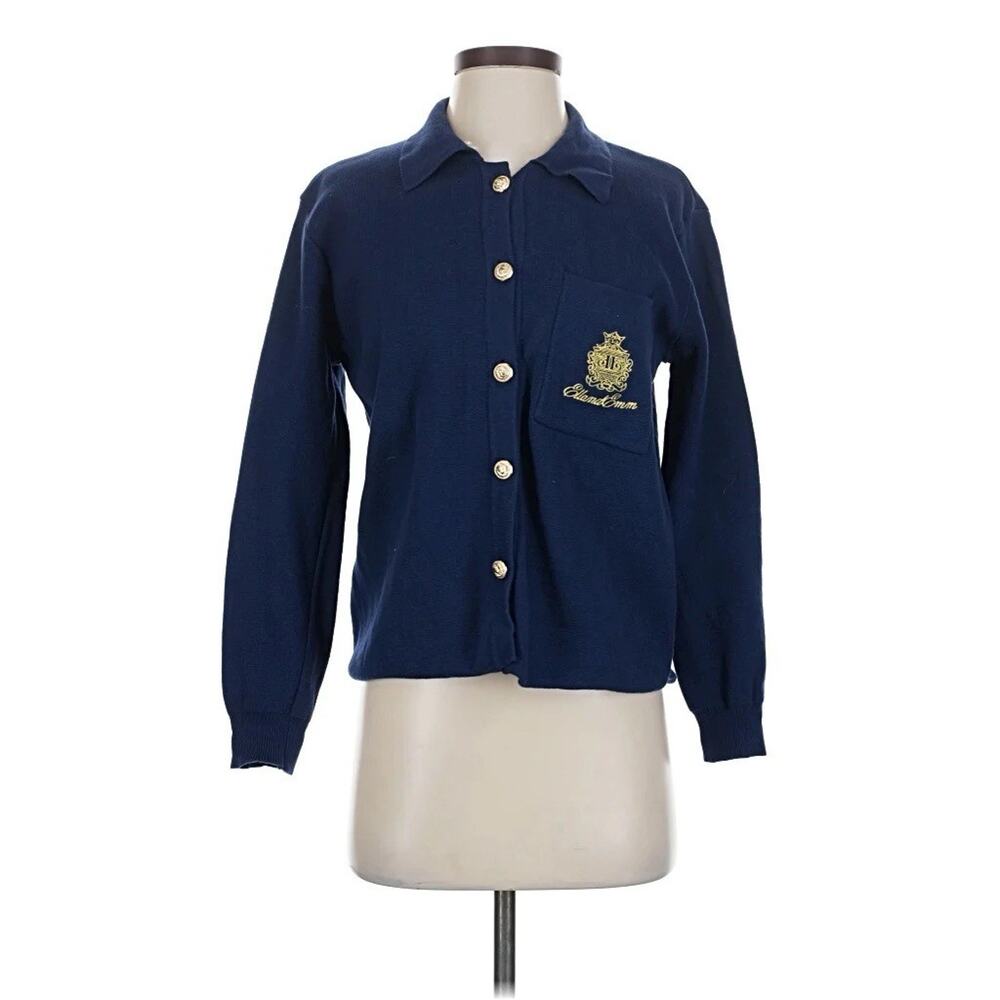 ELL And Emm Sienna Knit Navy Blue Gold Buttons Collared Cardigan Crest S/M - Picture 2 of 6